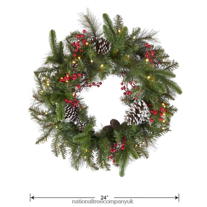 Greenery | National Tree Company Pre-Lit Artificial Christmas Wreath Green Bristle Berry Pine White Lights Decorated with Frosted Branches Pine Cones Berry Clusters Christmas Collection 24 Inc